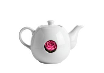 Isolated White Teapot with Pink Rose Insert, Illustrating Floral Tea Concept