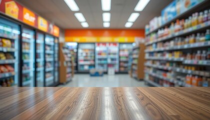 Blurred background of a brightly lit convenience store, foreground empty shelf or table for product placement
