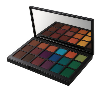 A makeup palette featuring an array of vibrant eyeshadow colors with an open lid and a built-in mirror on transparent background.
