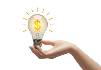 Isolated Hand Presenting a Glowing Light Bulb with Dollar Sign, Symbolizing Wealth