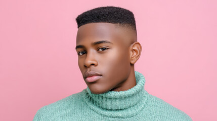 Young Black male model wearing green turtleneck sweater with confident expression pink background