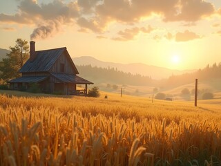Sunrise over Rustic Farmhouse Fields: A panoramic view of a rustic farmhouse surrounded by golden fields and soft morning mist as the sun rises behind the hills.