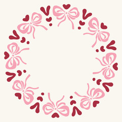 Vintage Pink Ribbon Wreath. Romantic Round Doodle Frame. Charming circular border with curly bows and hearts in pastel tones for love themed cards, coquette branding, wedding. Vector illustration