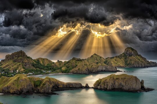 Dramatic sunrise, dramatic clouds, sun rays piercing dark clouds over lush islands