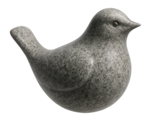 Gray speckled stone sculpture of a bird with a smooth, rounded body and a stylized design on transparent background.