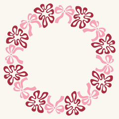 Playful Pink Bow and Bloom Frame. Hand Drawn Coquette Circular Border. Whimsical round floral wreath with curled knots and blossoms in pink pastel colors for sweet romantic cards. Vector illustration