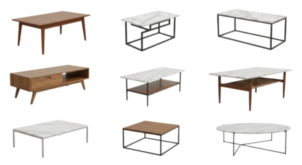 Stylish coffee tables in various shapes and designs with marble tops and wooden or metal bases cutout isolated on transparent bg, png