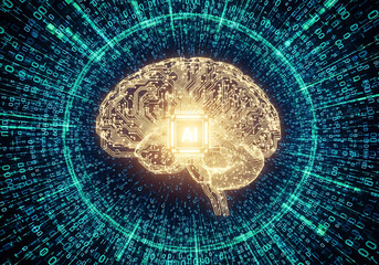 Photo of artificial intelligence brain with glowing circuits and digital data stream
