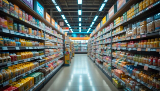a blurred minimarket aisle, shallow depth of field, warm lighting, clean and modern look