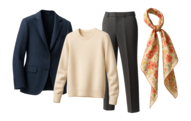 Elegant clothing ensemble featuring a navy blazer, beige sweater, dark grey trousers, and a floral scarf on transparent background.