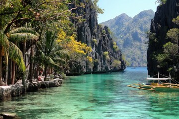 Tropical cove with limestone cliffs and a boat. Lush vegetation lines the turquoise water