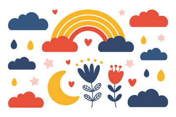 Playful Weather and Floral Illustration with Rainbow Clouds Moon and Flowers for Childrens Designs and Creative Projects