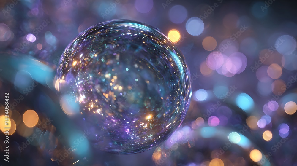 Poster abstract sphere with glowing lights and bokeh background