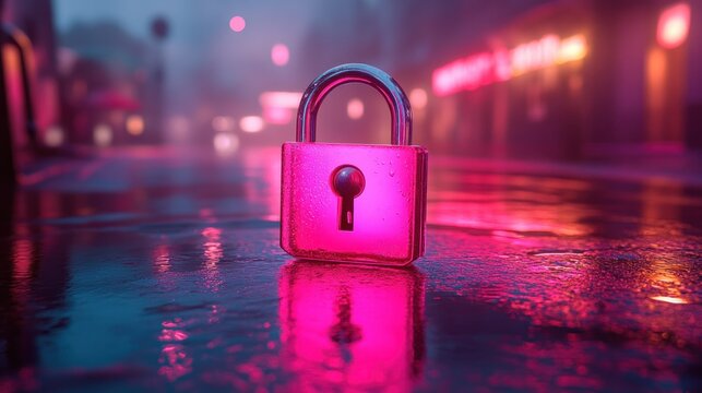 Pink padlock on wet city street at night - Powered by Adobe
