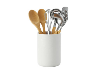 Isolated Kitchen Utensil Set in White Holder for Cooking and Preparation