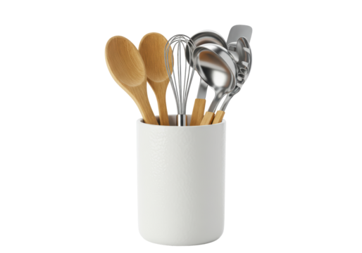 Isolated Kitchen Utensil Set in White Holder for Cooking and Preparation