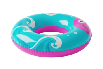 Colorful inflatable swim ring with ocean wave design cutout isolated on transparent bg, png
