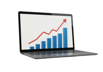 Isolated Laptop Displaying Growing Bar Graph with Upward Trending Arrow for Business Growth