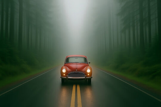 Fototapeta A Vintage Red Car Drives Toward the Sunset on a Winding Mountain Road with Lush Trees and Dramatic Clouds in the Sky – Serene Landscape Capturing Retro Adventure and Nature’s Beauty