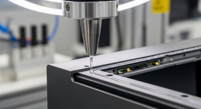 Automated Dispensing System Applying Sealant on Electronic Component, Close-Up
