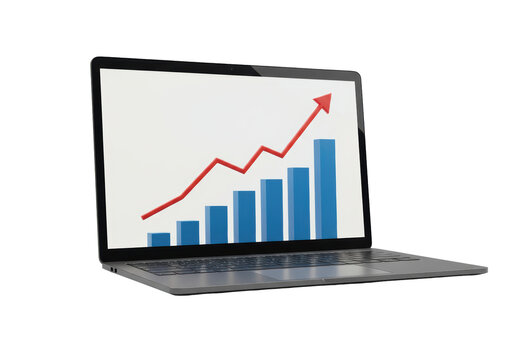 Isolated Laptop Displaying Growing Bar Graph with Upward Trending Arrow for Business Growth