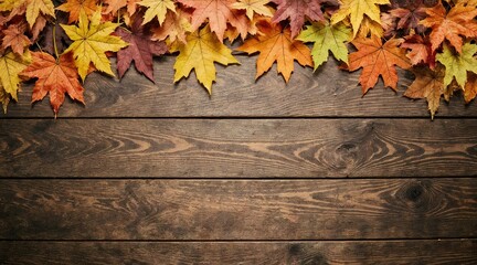 Rustic wooden table with autumn leaves border. Orange, yellow, red fall colors. High contrast, warm lighting, ideal for seasonal themes. Copy space for text