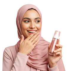 An Arab woman wearing a hijab is holding a beauty product without any writing or logo, and she is amazed and smiling.