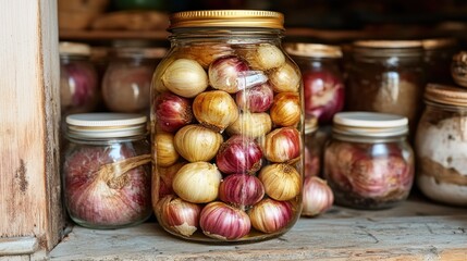 Preserved onions in glass jars