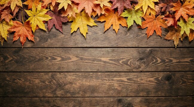 Rustic wooden table with autumn leaves border. Orange, yellow, red fall colors. High contrast, warm lighting, ideal for seasonal themes. Copy space for text - Powered by Adobe
