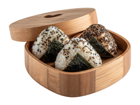 Delicious Japanese Rice Balls in a Bamboo Container on Isolated Background