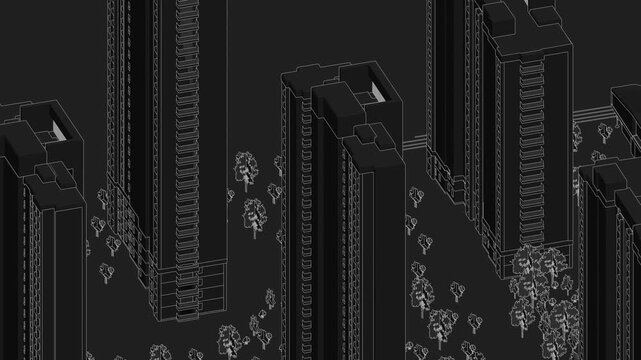 Animation of a Generic Apartment Complex, Seamless Looped linework Animation, black