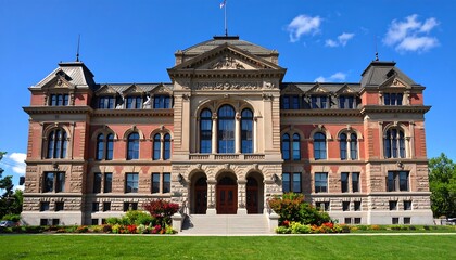 Architectural majesty grand government building under a vibrant blue sky in summer