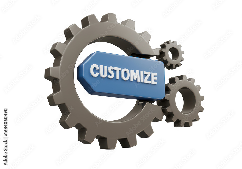 Poster isolated customize gear mechanism with blue arrow for configuration