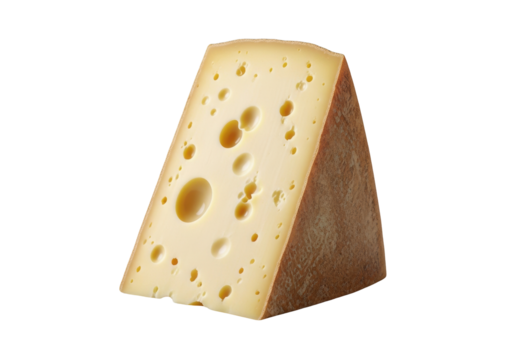 A perfectly cut triangular Gruyère cheese wedge with pale yellow interior, small 'eyes', natural texture, and rugged rind, on a neutral transparent background. Appetizing food product concept