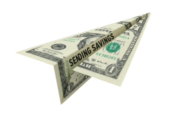 Isolated Dollar Bill Paper Airplane with 'Sending Savings' Message