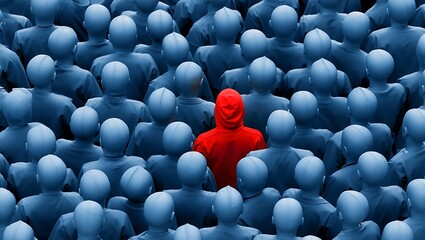 A single vibrant red figure stands out prominently from a crowd of identical blue figures symbolizing individuality and uniqueness in a uniform group