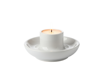 Isolated White Ceramic Candle Holder with Lit Candle