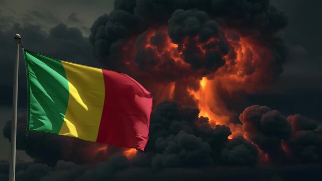 Animation of the Mali flag waving dramatically. In the background, a massive nuclear explosion creates a dark, apocalyptic, and destructive scene. Concept of war, crisis, or conflict.