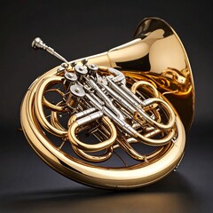 Fototapeta premium Polished gold French horn, valves and tubing visible, angled on dark background