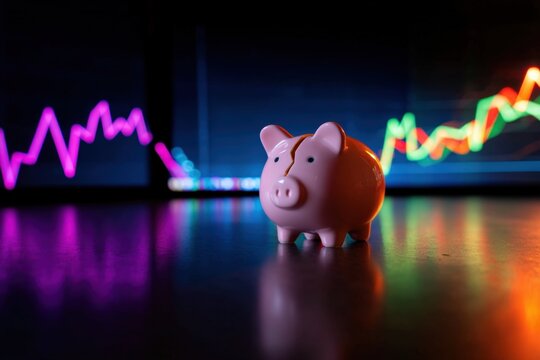 Stagflation concept with cracked piggy bank and stagnant economy graphs behind with copy space. Moody spotlight light.Financial dilemma background. 