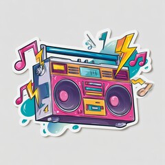 Vibrant Cartoon Boombox Vector Illustration with Lightning & Music Notes, Bright Pink Bass Speaker on White Background - Retro Sticker Design
