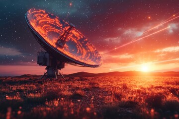 Telecommunication satellite dish pointing toward space with data beams illustrated with copy space. Futuristic ambient lighting. Space communication background.