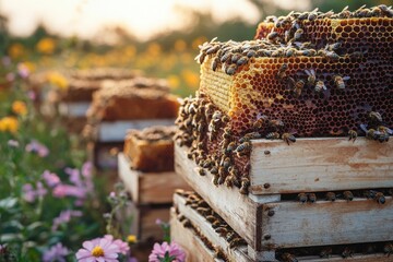 The beekeeping industry showing bees clustering on wooden hives during honey flow season with copy space. Golden hour light. Wildflower field background