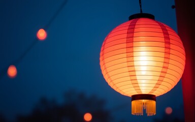 Obraz premium Japanese shining paper lantern on blue sky at the festival night. Abstract festive banner for Obon Festival in Japan. High quality