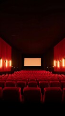 Empty movie theater with red seats and blank screen ready for the show to begin cinematic experience background