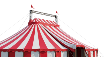 Bright red and white striped circus tent cutout isolated on transparent bg, png