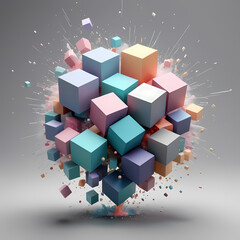 Pastel Geometric Cubes Exploding in Soft Dispersion on Grey Background 