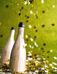 Festive Champagne Bottles Amid a Dynamic Shower of Gold and Silver Star Confetti.