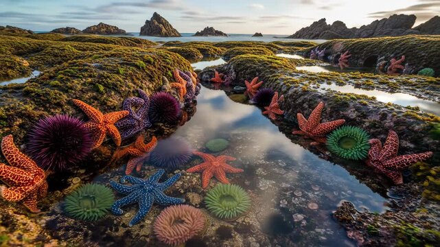 Rocky Tide Pool Ecosystem: Starfish, Sea Urchins, and Anemones