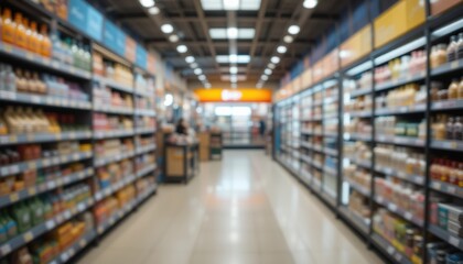a blurred minimarket aisle, shallow depth of field, warm lighting, clean and modern look